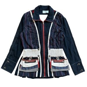 Bleu Bayou Casual Wear Navy Striped Mixed Media Zip Up Jacket Women Small Cotton